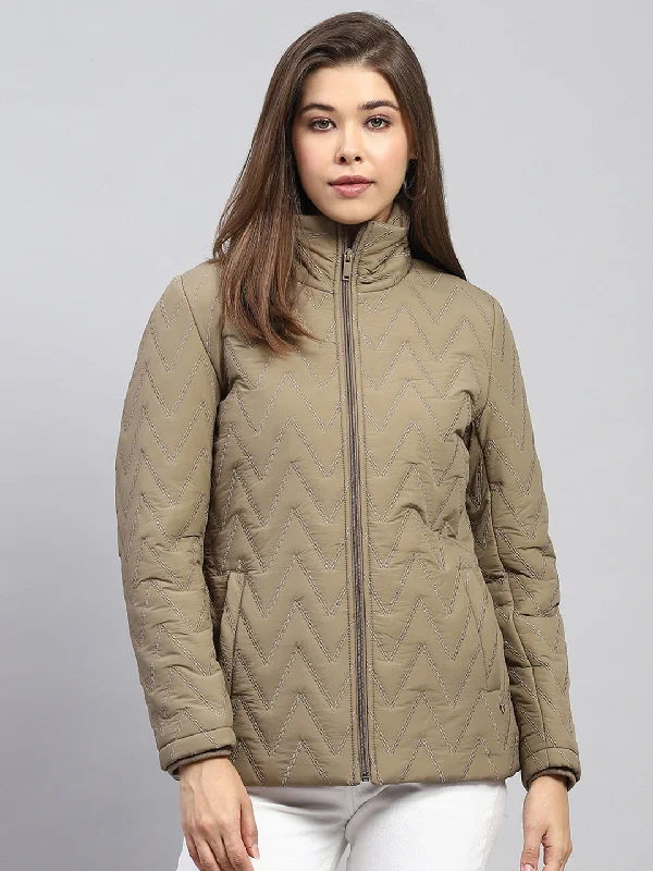 Classic Series Women Khaki Embroidered Mock Neck Full Sleeve Jacket