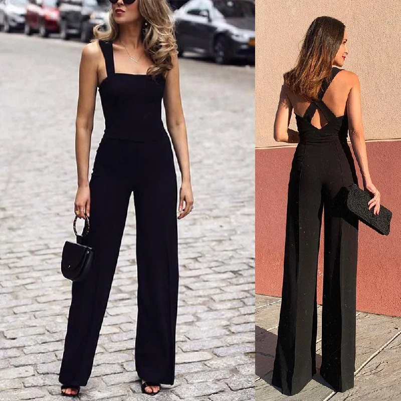 Comfortable Mind Sexy Shoulder Straps Black Wide Legs Jumpsuits