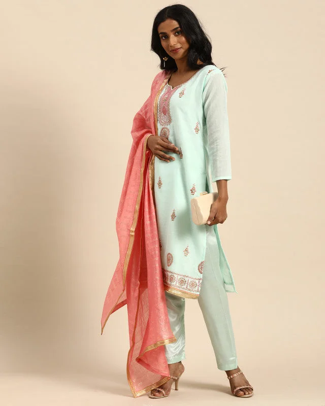 Youthful Vitality Women's Turquoise Chanderi Silk Embroidered Kurta With Trouser & Dupatta - Aastha Fashion