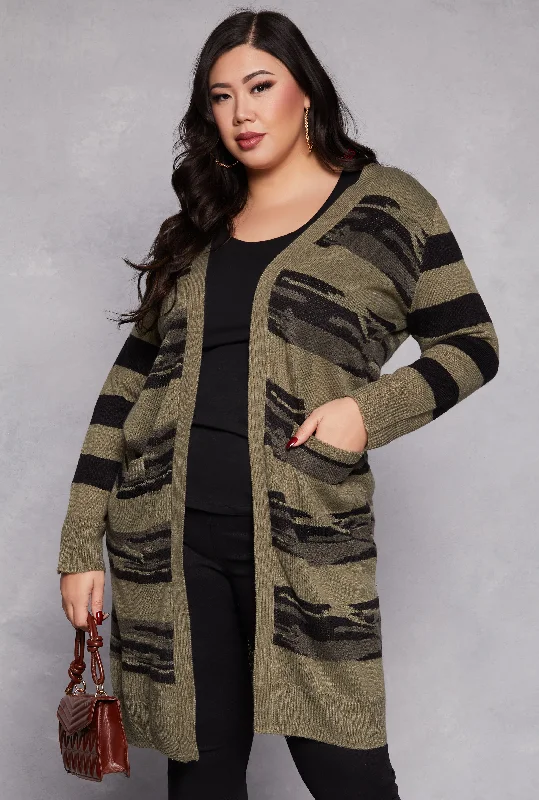 Free And Comfortable Plus Size Camo Print Open Front Long Cardigan