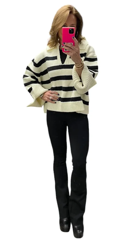 Design Trend Frankie Turn Down Collar Striped Knit Sweater In Black/white