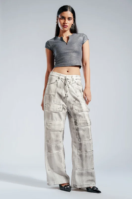 Minimal Classic Rustic White Multi Pocket Cargo Jeans