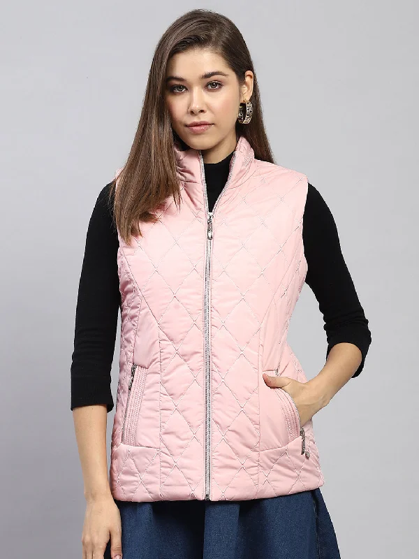 High Street Series Women Pink Embroidered Mock Neck Sleeveless Jacket