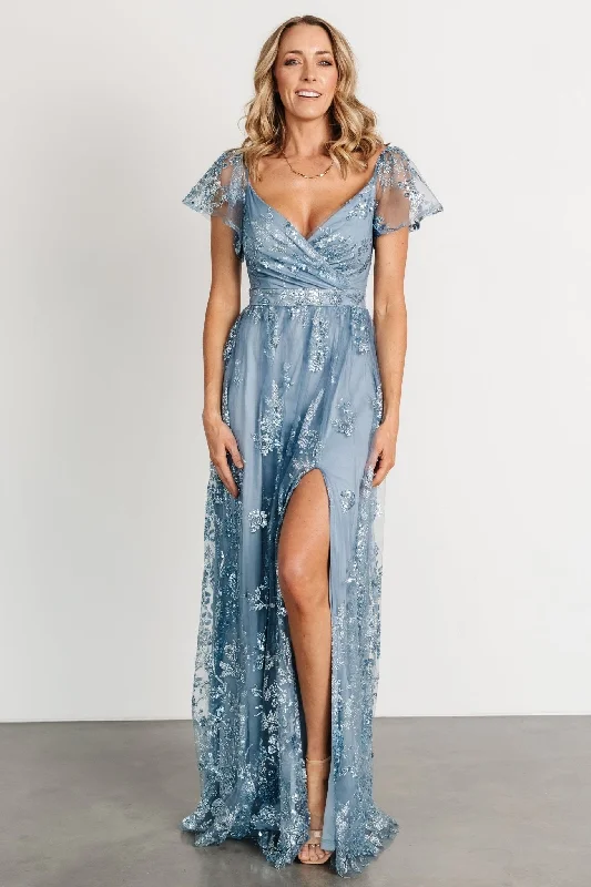 Exquisite Craftsmanship Corinne Shimmer Maxi Gown | Slate Blue