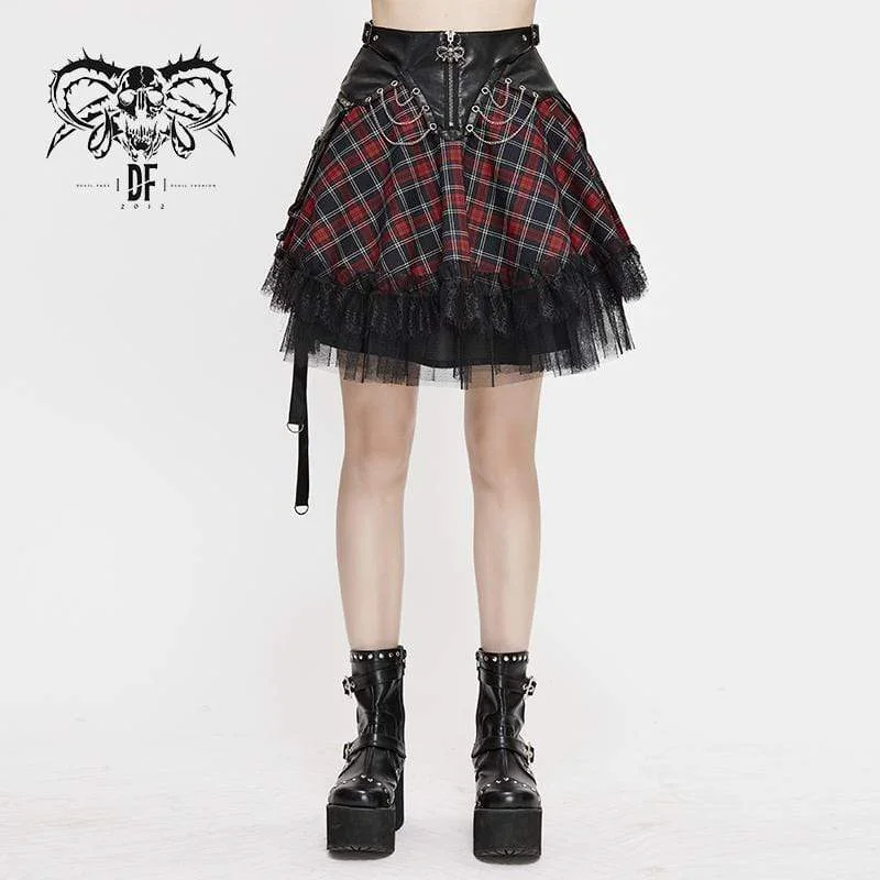 End Of The Year Women's Gothic Strappy Mesh Plaid Skirts With Chains