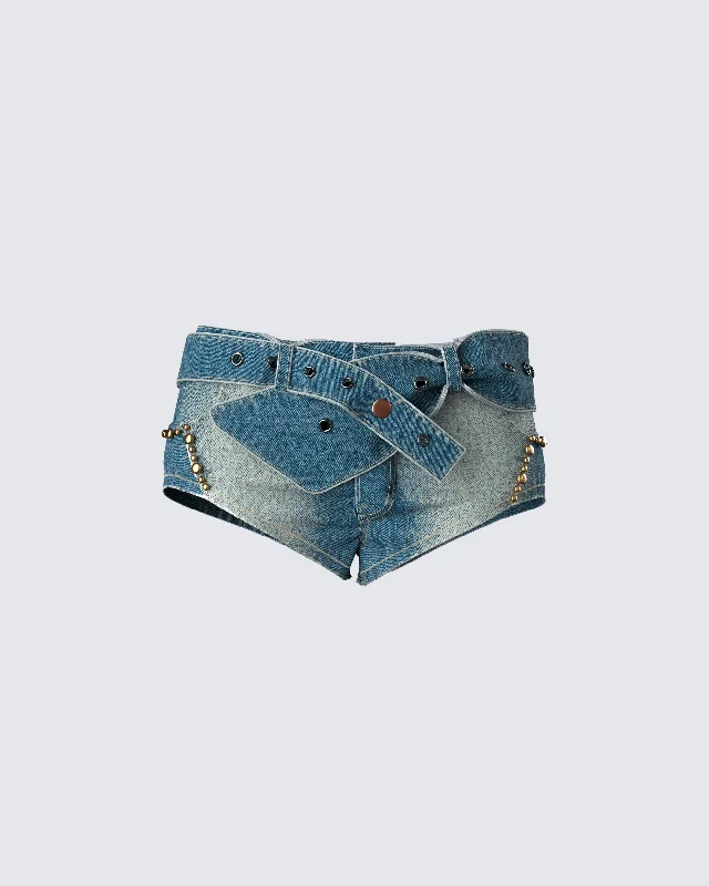 Classic Color Sol Blue Belted Mini Denim Short