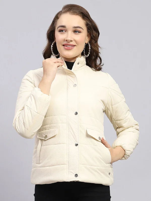 Basic Version Women Cream Solid Mock Neck Full Sleeve Jacket