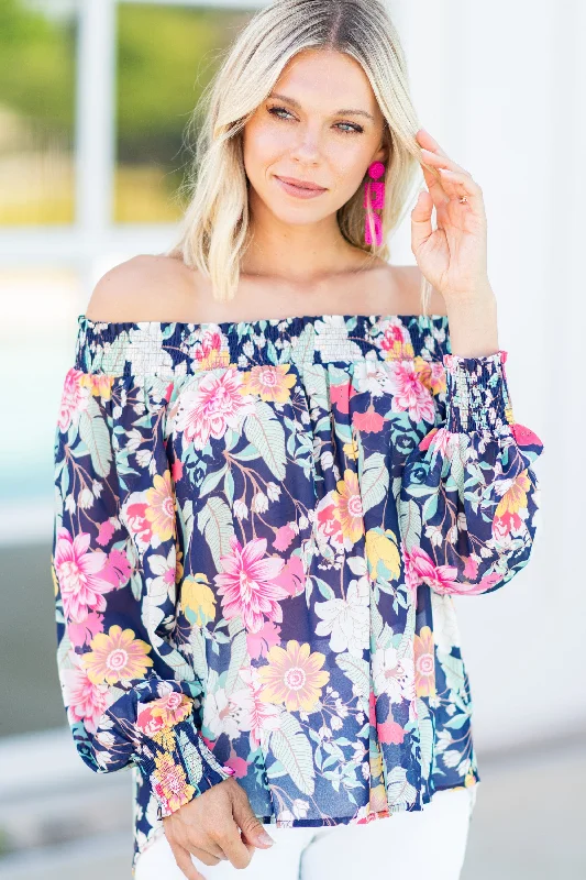 Romantic Temperament Happiness Acquired Navy Blue Floral Blouse