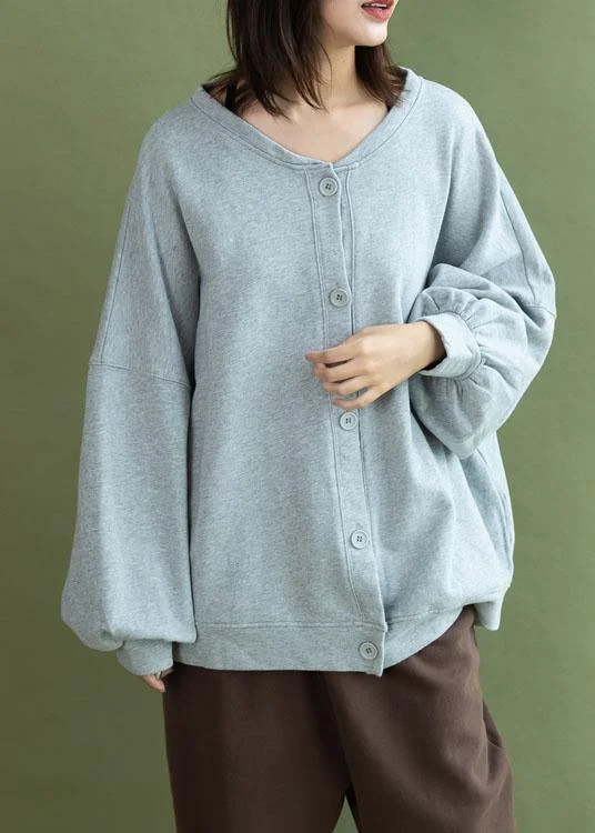 Exclusive Customization Modern gray cotton linen tops women lantern sleeve Button Down oversized fall shirts