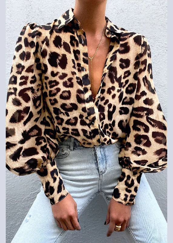 Fashion Expert Loose Turn-down Collar Button Leopard Print Shirts Lantern Sleeve