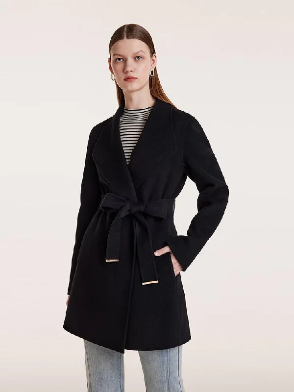 Fresh Wear Tencel Wool Notched Lapel Mid-Length Coat With Belt