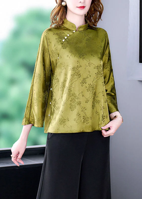 Dressing Tips Loose Yellow Green Mandarin Collar Oriental Button Jacquard Silk Top Summer