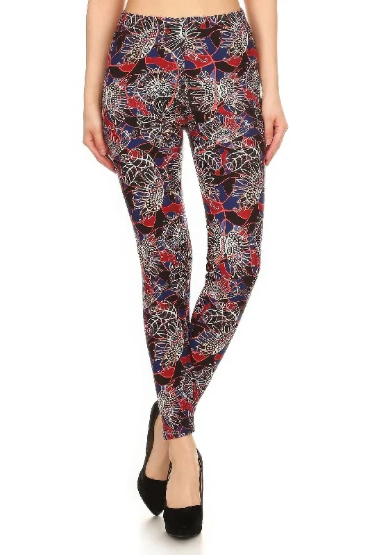 Trends Floral Print High Waist Basic Solid Leggings With 1 Elastic Waistband