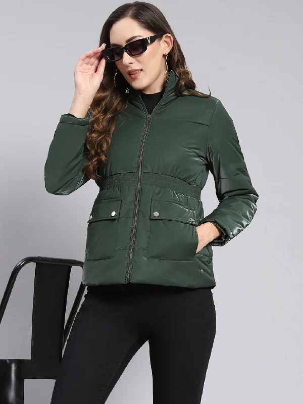 Sports And Leisure Women Green Solid Stand Collar Full Sleeve Jackets