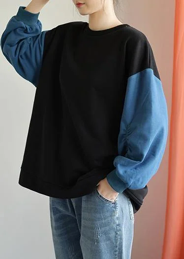 Fashionable Items Modern o neck long sleeve cotton Shirts black patchwork blue blouse fall