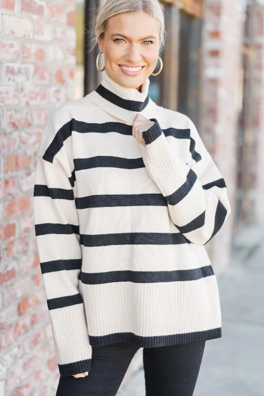 Youthful Style Have Your Fun Natural Striped Turtleneck Sweater