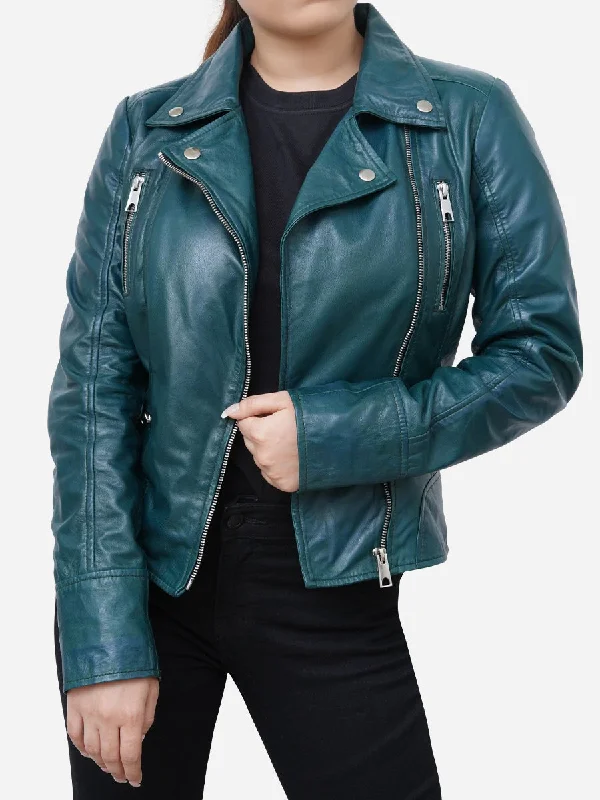 New Design Gabriella Vintage Style Green Leather Biker Jacket