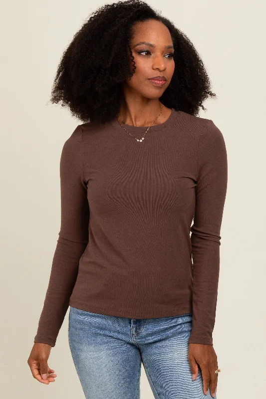 Classic Color Brown Basic Fitted Long Sleeve Top