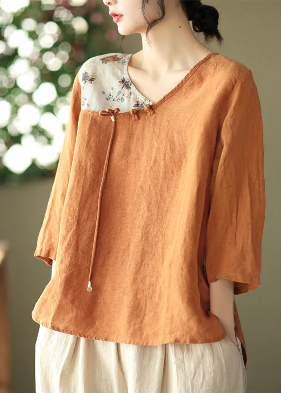 Fresh And Elegant Loose Orange Oriental O-Neck Patchwork Linen Tops Bracelet Sleeve