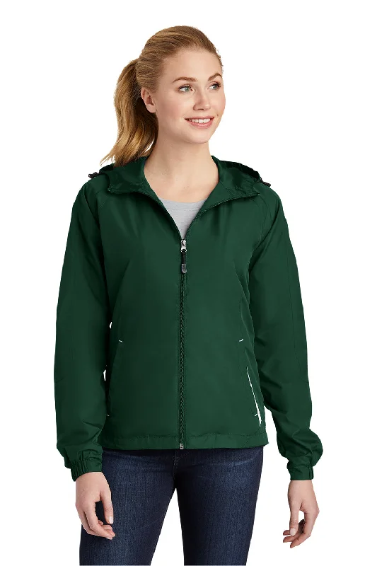 Modernism Sport-Tek Womens Water Resistant Full Zip Hooded Jacket - Forest Green/White