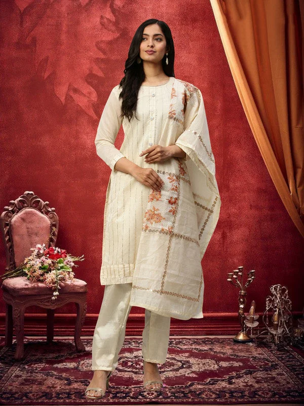 High Street Design Women's Off White Chanderi Embroidered Kurta With Trouser & Dupatta - Aastha Fashion