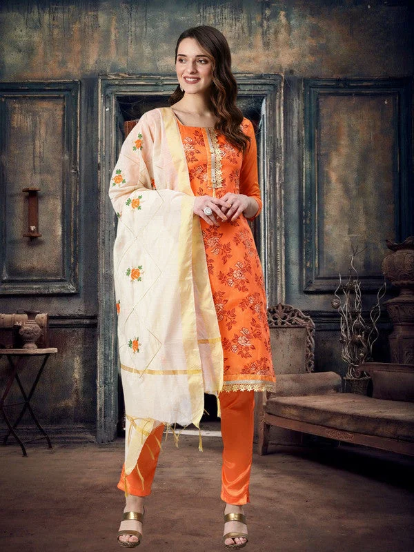 Practical Style Women's Orange Modal Silk Embroidered Kurta With Trouser & Dupatta - Aastha Fashion