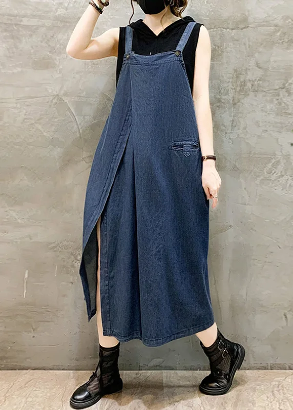 Trends French Blue Pockets Side Open Denim Straps Dress Sleeveless