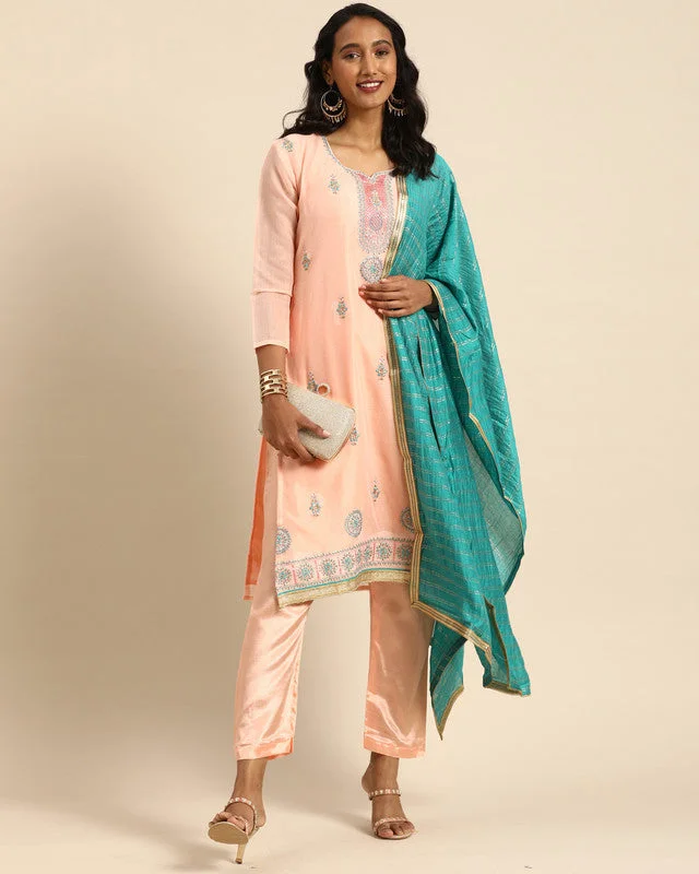 Personalized Series Women's Peach Chanderi Silk Embroidered Kurta With Trouser & Dupatta - Aastha Fashion