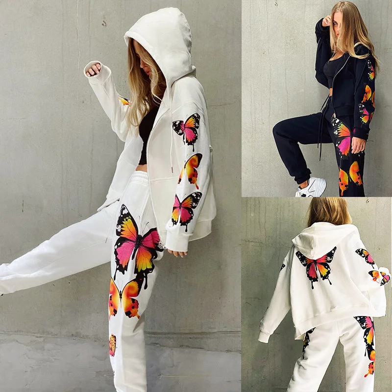 Comfortable Wear Butterfly Design Zipper Hoodies Women Suits