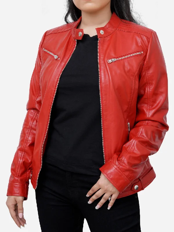 Energy Wear Valentina Cafe Racer Red Leather Motorcycle Jacket