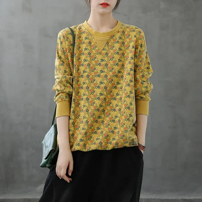 Fashion Must-have Natural o neck top Cotton yellow Plant printing shirt