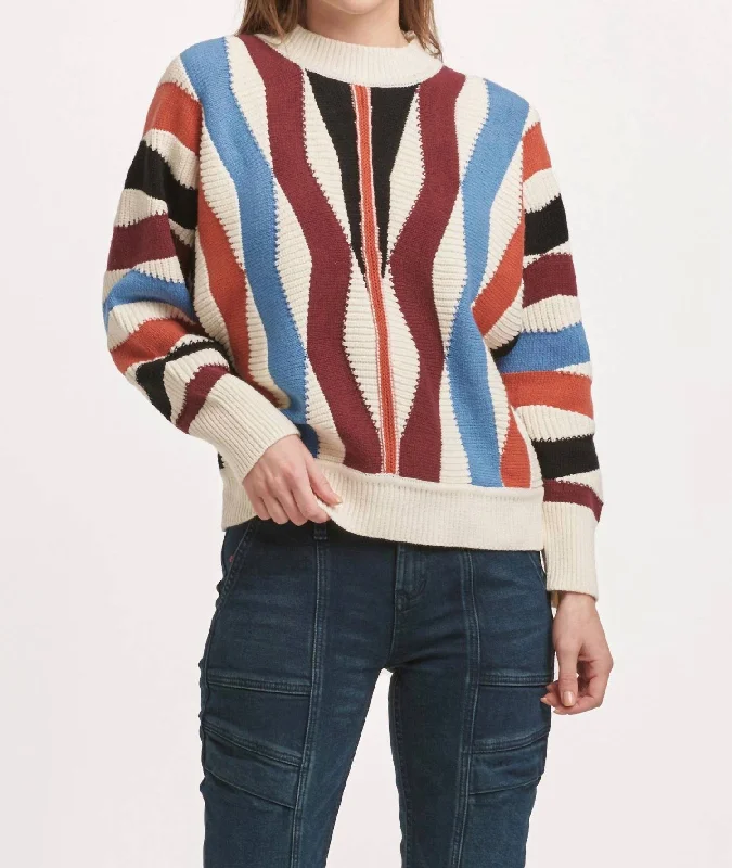 Daily Comfort Kaylin Crew Neck Long Sleeve Sweater Zig Zag In Multi Colored