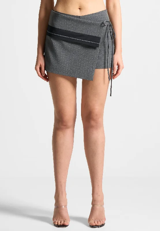 Fresh And Elegant Pinstripe Tailored Mini Skort with Tie - Grey