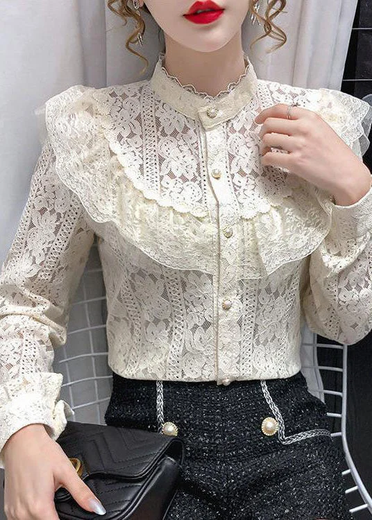 Classic Series Modern Beige Hollow Out Patchwork Lace Top Long sleeve