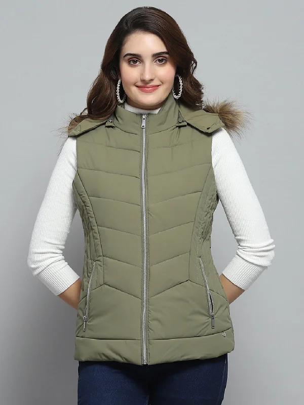 Fresh Wear Women Green Solid Detachable Hood Sleeveless Jacket