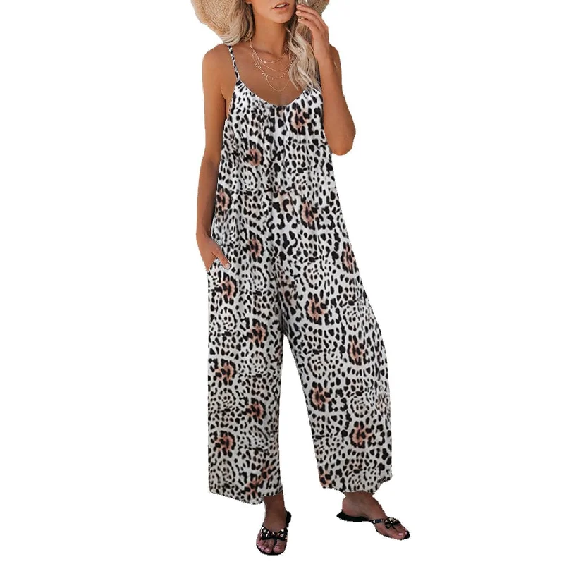 Unique Fashion Leisure Summer Leopard Pocket Jumpsuits