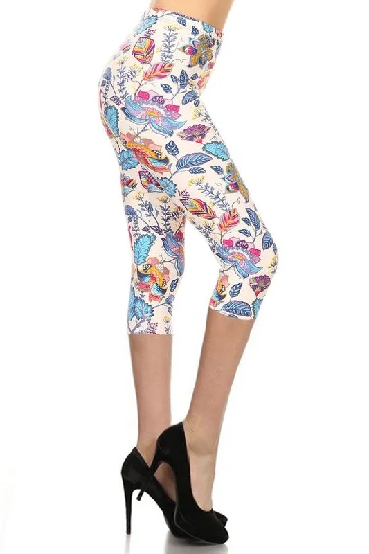 Artistic Temperament Floral Printed Lined Knit Capri Legging With Elastic Waistband