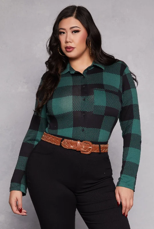 Classic Design Plus Size Buffalo Plaid Tabbed Sleeve Shirt