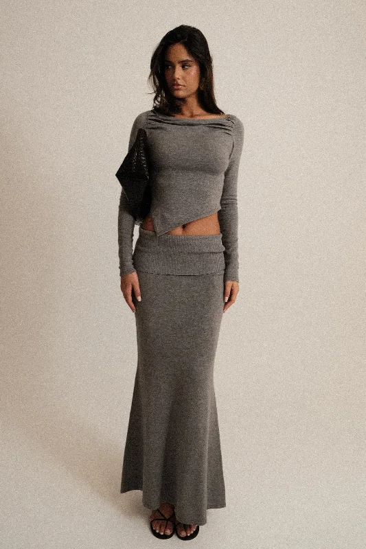 Youthful Style Karlie Knit Maxi Skirt With Ribbed Waist - Charcoal Marle