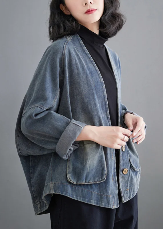 Fashion Pioneer French Denim Blue V Neck Pockets Patchwork Coat Spring