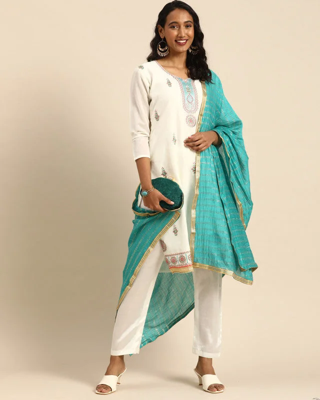 Floral Prints Women's White Chanderi Silk Embroidered Kurta With Trouser & Dupatta - Aastha Fashion