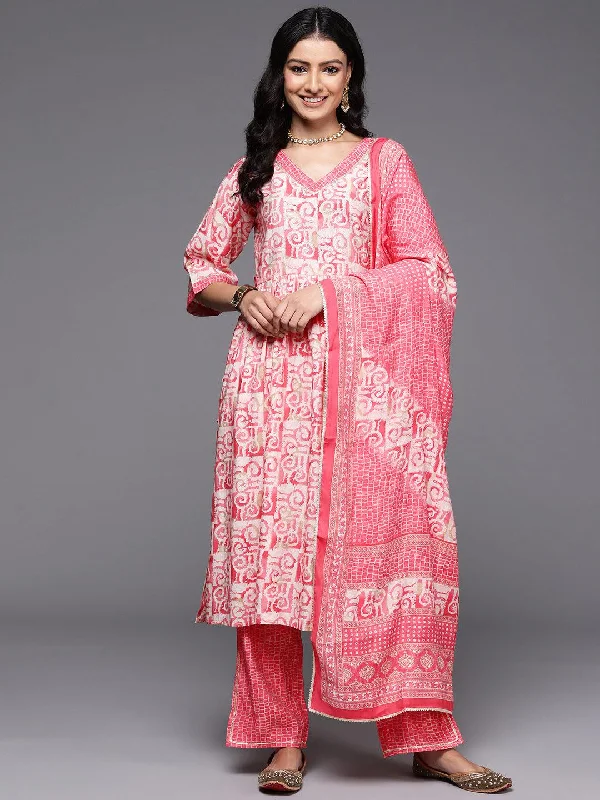 Design Must-have Peach Printed Silk Blend A-Line Kurta With Palazzos & Dupatta