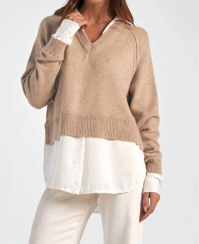 High-end Design Stevie Layered Sweater/shirt Combo In Taupe/white