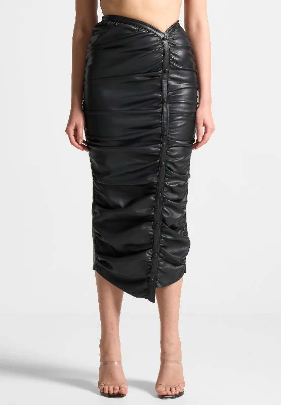 High-end Design Leather Ruched Midaxi Skirt - Black