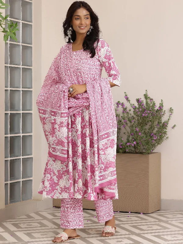 Goddess Outfit Pink Printed Cotton Anarkali Suit With Dupatta