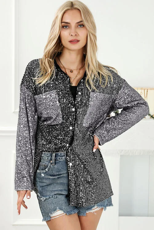 Sports And Leisure Sequin Button Up Collared Neck Shirt