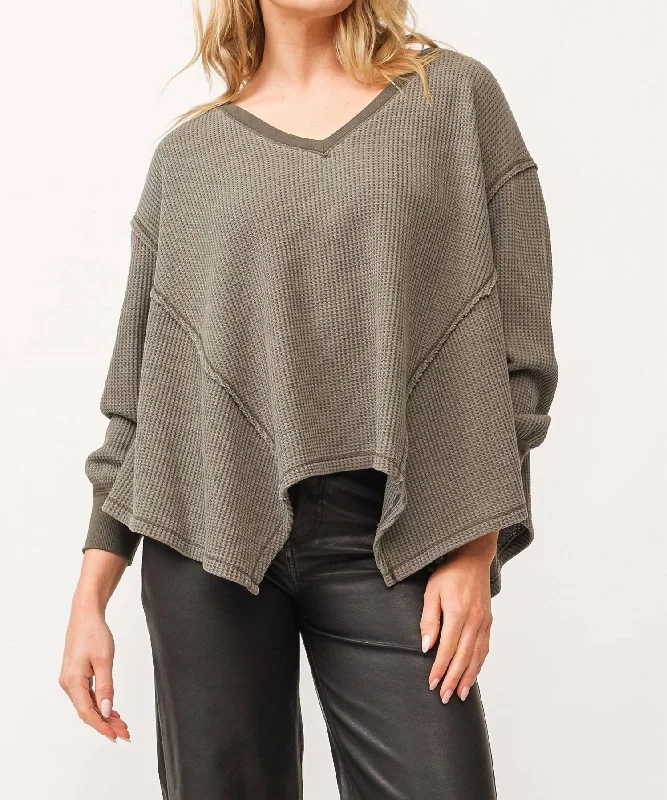 Dressing Tips Miranda V-Neck Oversized Thermal Top In Dark Olive