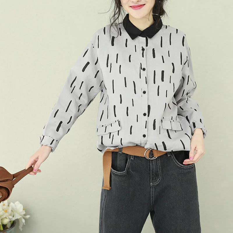 Sweet Breath Natural gray lapel linen crane tops Fitted Photography Button Down Midi tops