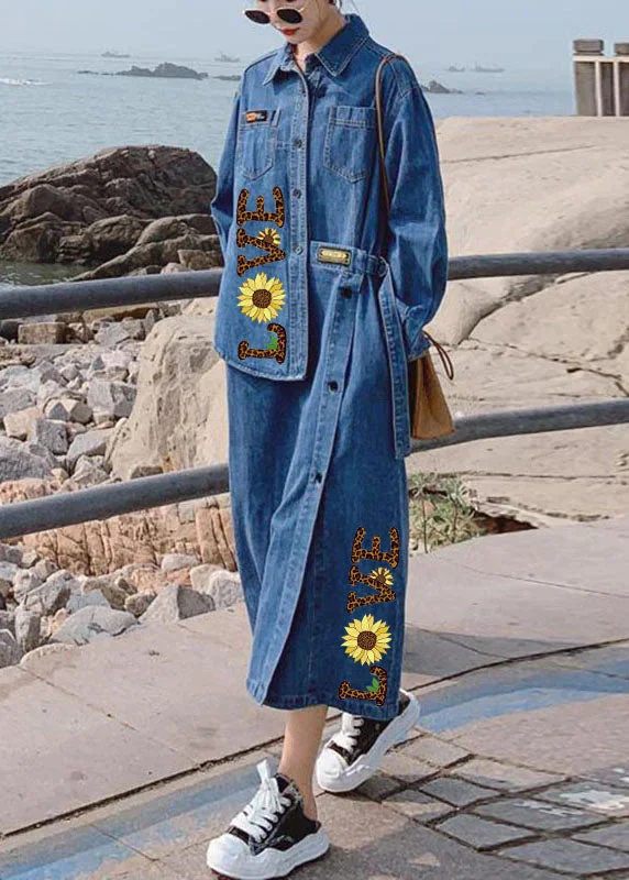 Breathable Design Loose Blue-love Pockets Button asymmetrical design Fall Denim Long sleeve Long Dress