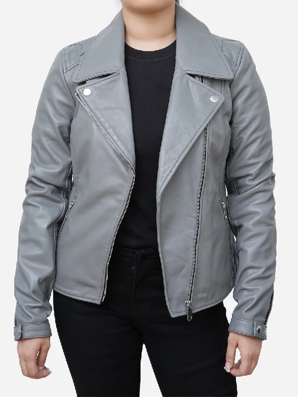 Economic Outlook Elizabeth Classic Sheepskin Grey Leather Moto Jacket